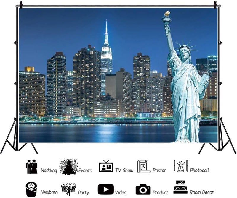 Renaiss 10x8ft Statue of Liberty Photo Backdrop America New York City Building Night View Manhattan Skyline NYC Urban Cityscape Light Photography Background for Holiday Travel Studio Props - Image 2